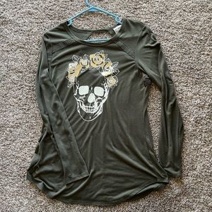 Open back long sleeve skull shirt with metallic gold floral design